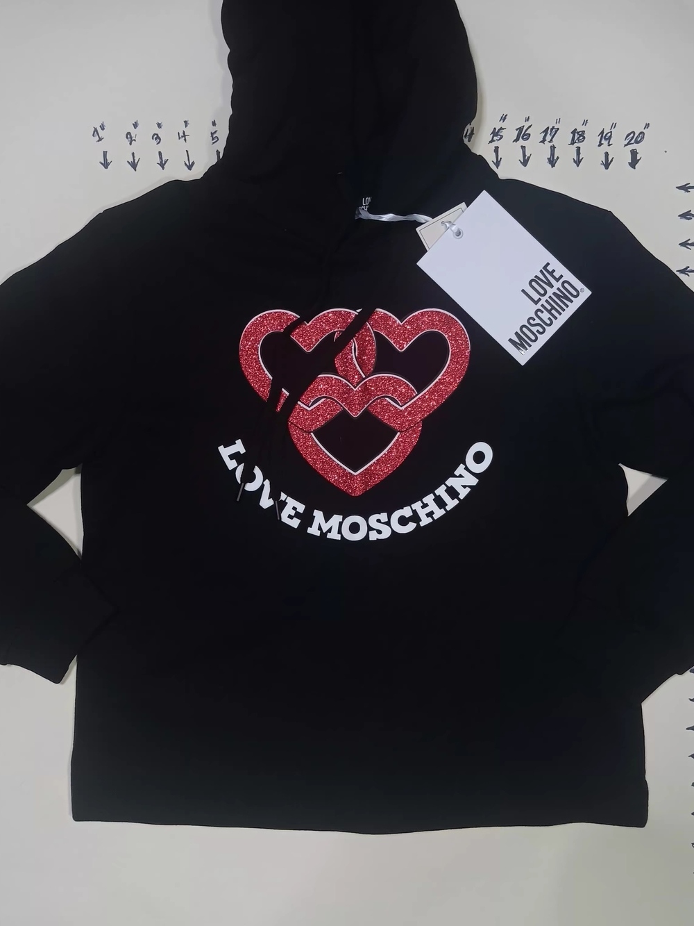 Love Moschino Black Hoodie with Red Glitter Hearts